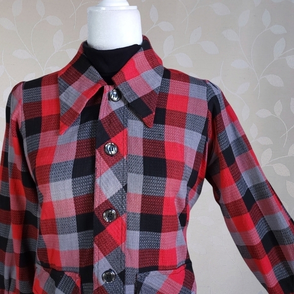 Vintage 60s 70s Buffalo Plaid Dagger Collar Handmade Popover Tunic Top Red Gray - Picture 6 of 16